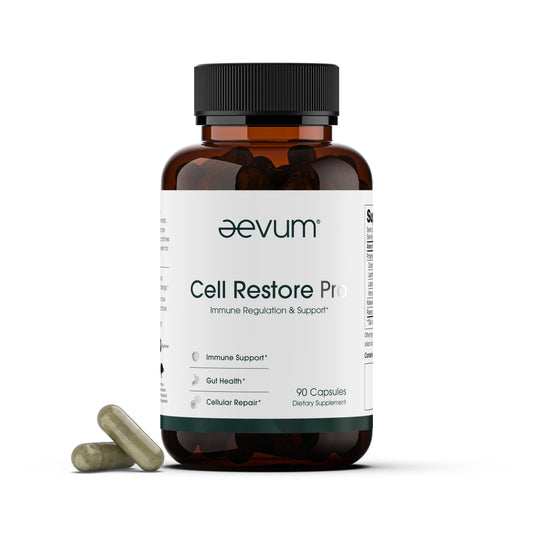 A brown bottle labeled "Aevum Cell Restore Pro (90 Caps) Bottle" from Longevity Launch Labs Practitioner Store is shown with two green capsules on a white background.