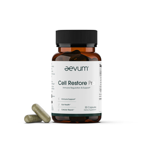 A brown bottle labeled "Aevum Cell Restore 30 Caps" by Longevity Launch Labs Practitioner Store is shown with two green capsules. The label emphasizes immune support, gut health, and cellular repair for overall longevity.