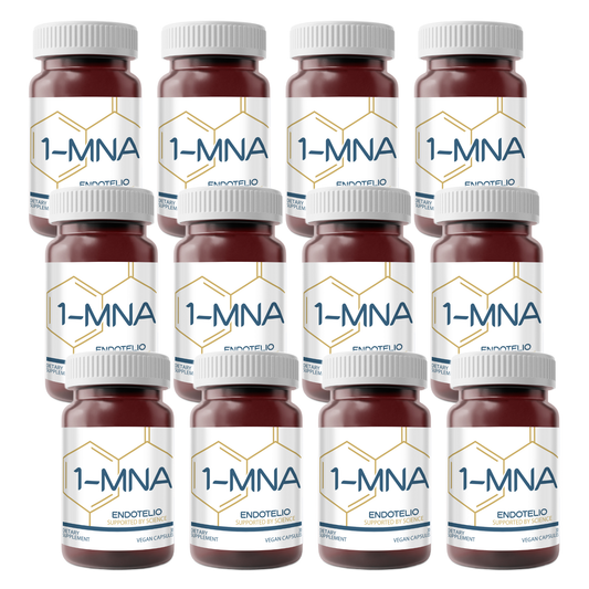 12 Bottles (One Case) of "Endotelio 1-MNA" labeled with "Endotelio" and "Dietary Supplement" on a white background. It contains vegan capsules crafted to support NAD levels by inhibiting NNMT.