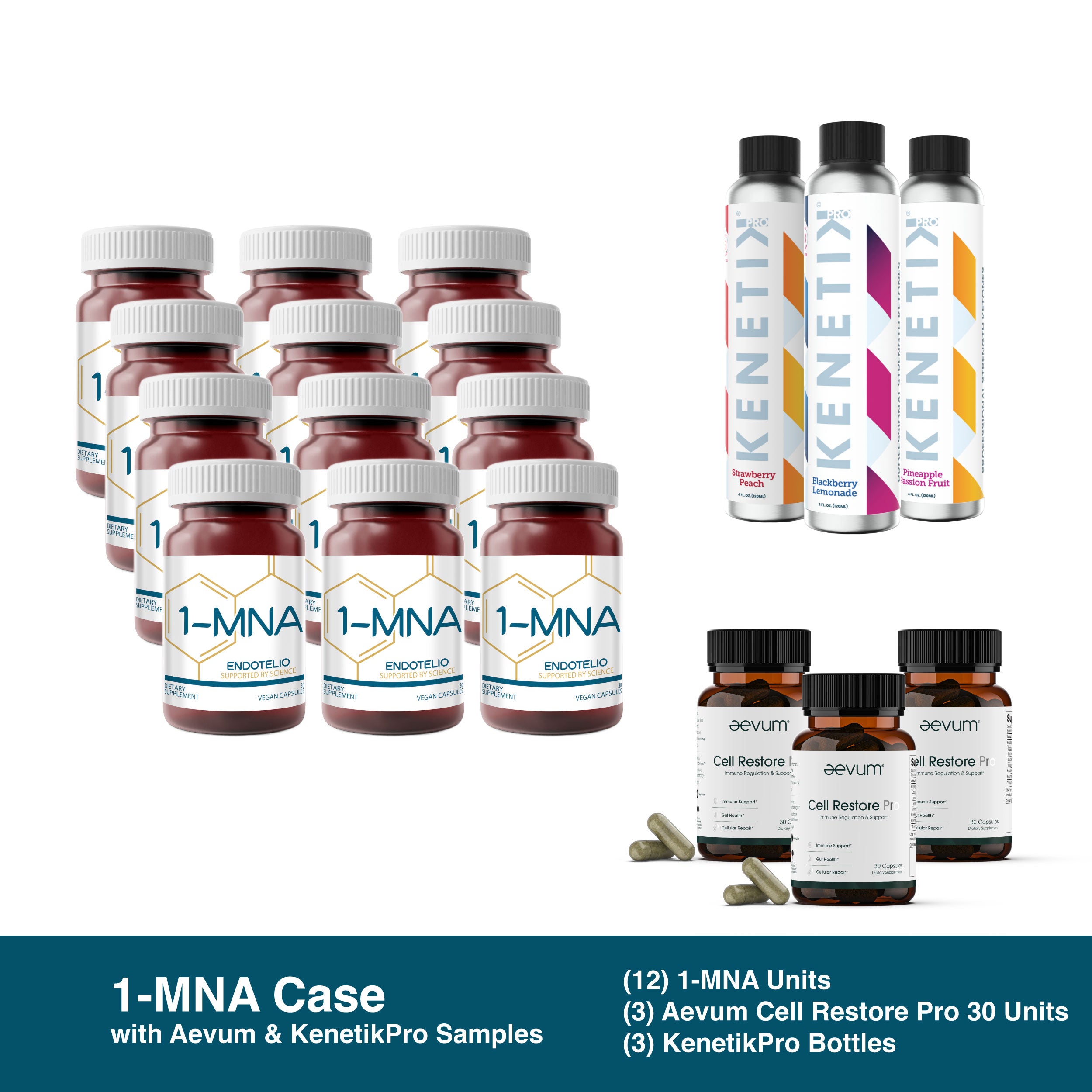 A case of 1-MNA, plus Aevum Cell Restore 30 Sample and KenetikPro Sample from Longevity Launch Labs Practitioner Store, all displayed with visible product labels.