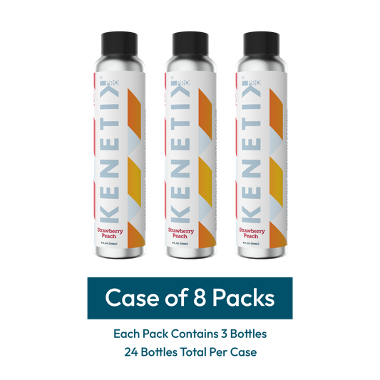 Three bottles of KenetikPro, known for ketone-powered cognitive and cellular support, pictured above text reading: "KenetikPro Case - 24 Bottles (8 Packs of 3 Bottles Each).