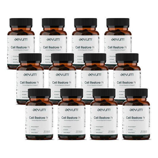 Twelve bottles of Aevum Cell Restore Pro 30 Caps Case by Longevity Launch Labs Practitioner Store are displayed in four staggered rows against a white background, highlighting their association with longevity and immune health.