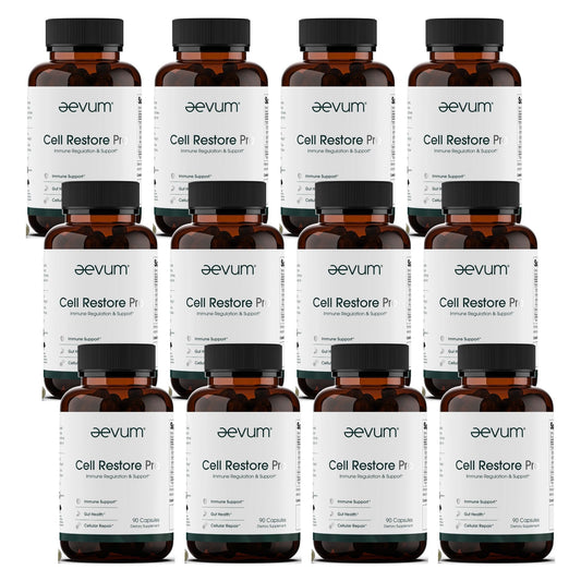 Twelve bottles of Aevum Cell Restore Pro 90 Caps by Longevity Launch Labs Practitioner Store are arranged in four rows, highlighting this premium supplement case designed to support immune health.
