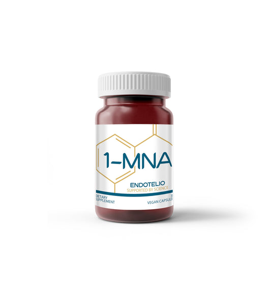 A bottle labeled "Endotelio 1-MNA" from the brand Endotelio, featuring a white cap, displays the text "Supported by Science, Dietary Supplement, Vegan Capsules." Known for its potential in inhibiting NNMT and supporting NAD levels, this supplement is designed to promote optimal health.