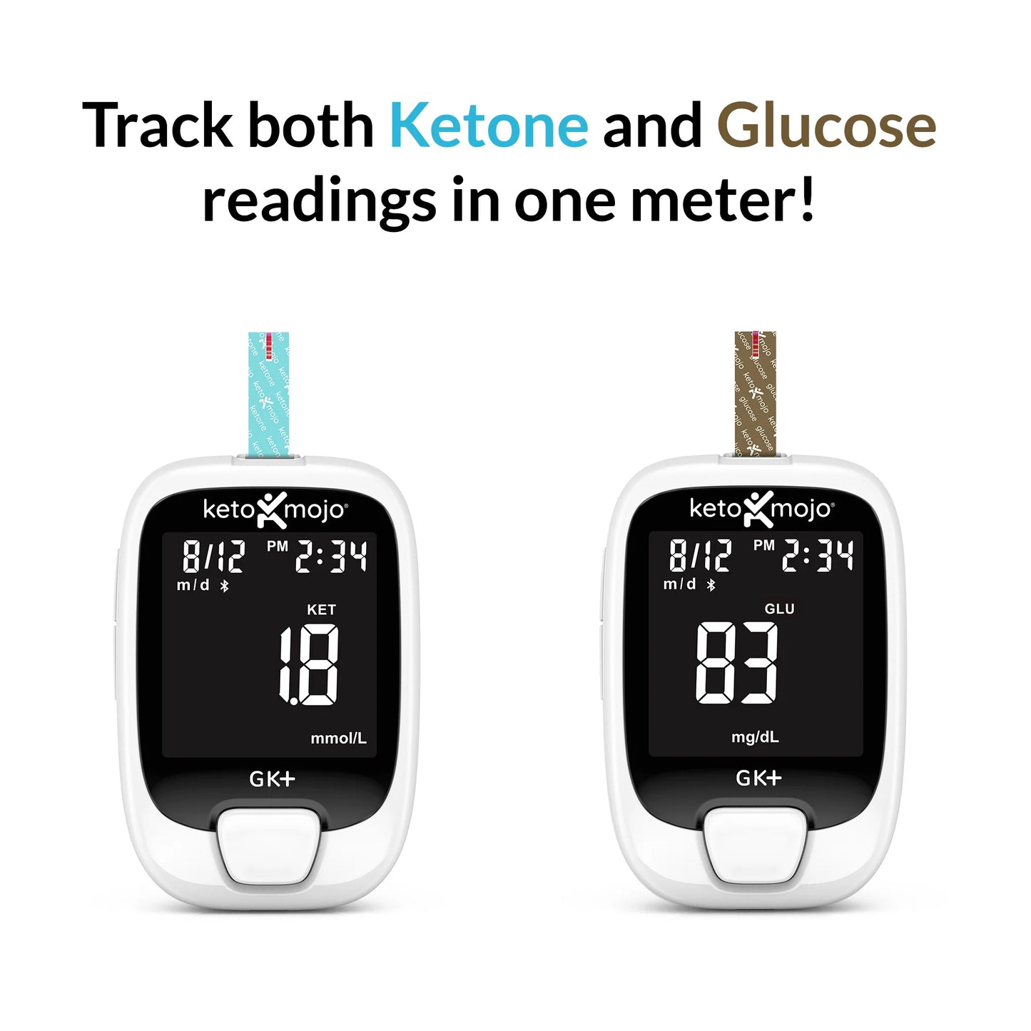 The KenetikPro Ketone Case + KetoMojo Blood Glucose & Ketone Meter Starter Kit shows professional ketone and glucose readings: left meter displays 1.8 mmol/L ketones, right shows 83 mg/dL glucose, each with a test strip.