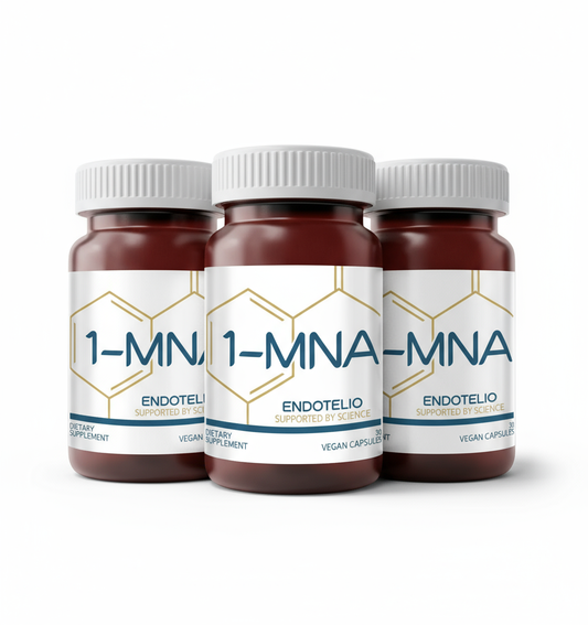 Endotelio 1-MNA 3-Pack (3 Bottles) by Endotelio features a sleek white and gold geometric label, formulated to support cellular health and boost NAD levels.