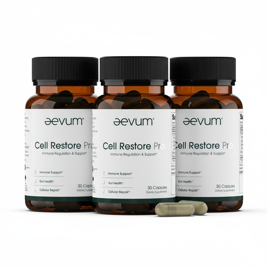 Three bottles of Longevity Launch Labs Practitioner Store's Aevum Cell Restore Pro 30 Caps (3-Pack) are displayed with two capsules in front, emphasizing support for longevity and immune health.