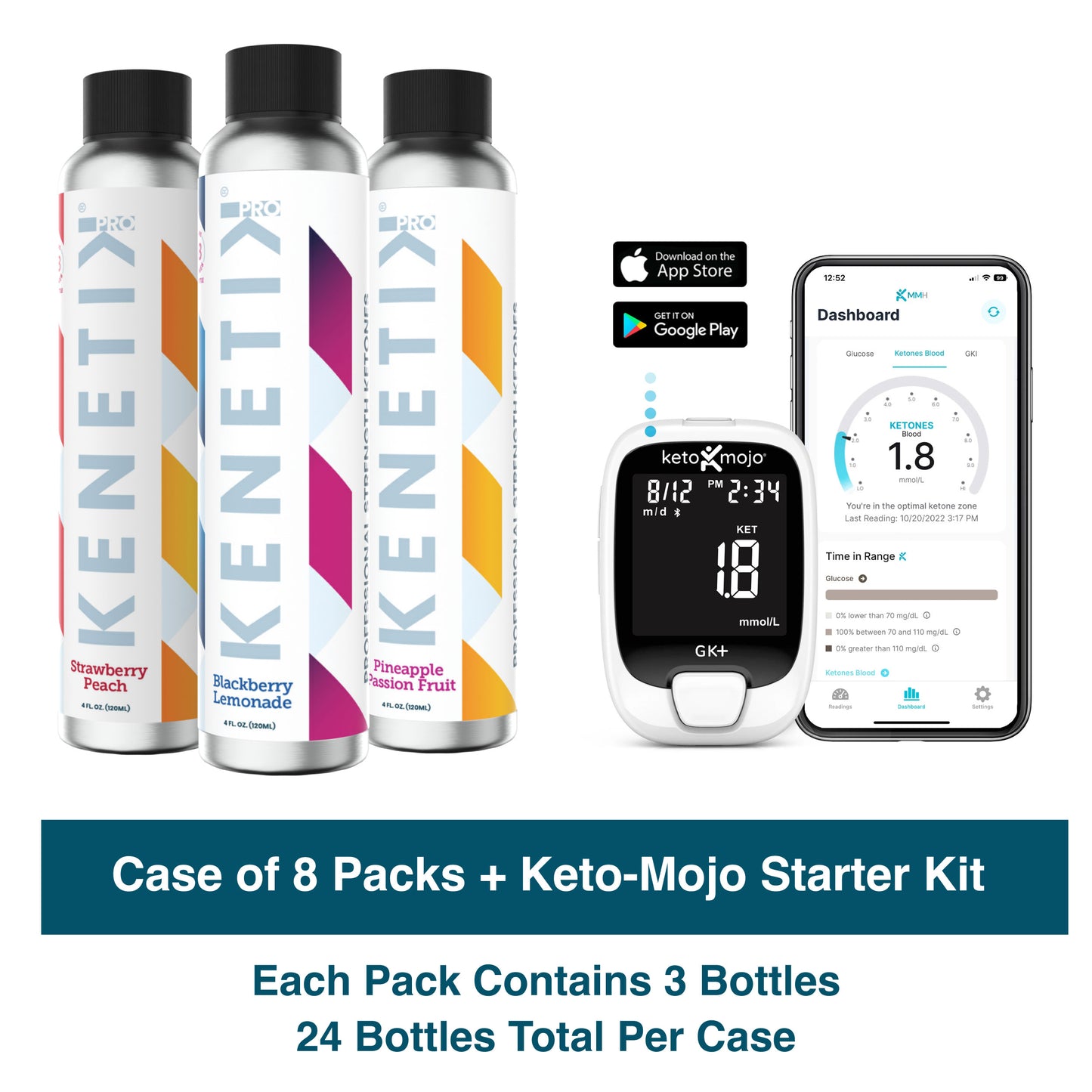 The KenetikPro Ketone Case + KetoMojo Blood Glucose & Ketone Meter Starter Kit by KenetikPro includes three professional strength ketones bottles, a Keto-Mojo meter with test strip, and app integration for tracking.