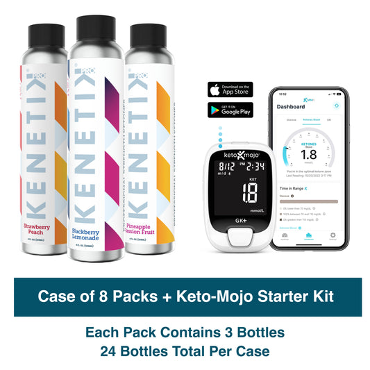 The KenetikPro Ketone Case + KetoMojo Blood Glucose & Ketone Meter Starter Kit by KenetikPro includes three professional strength ketones bottles, a Keto-Mojo meter with test strip, and app integration for tracking.