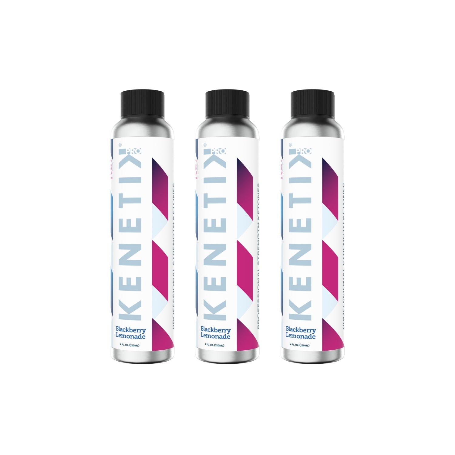 Three bottles from the KenetikPro Ketone Concentrate 3-Pack, features silver design with white labels and black caps, arrange in line. Their contents: a natural ingredient mix in blackberry lemonade flavor, promise cognitive benefits.