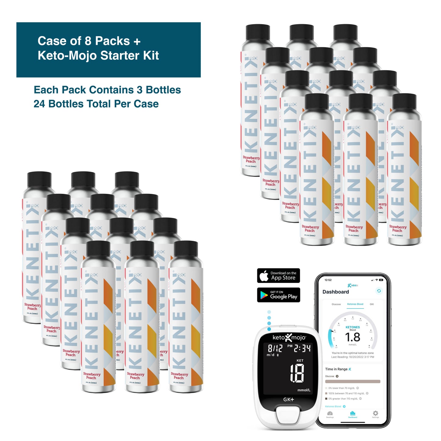 Support your cellular health with the KenetikPro Ketone Case + KetoMojo Blood Glucose & Ketone Meter Starter Kit—24 professional-strength ketone bottles, meter, and app for easy tracking.