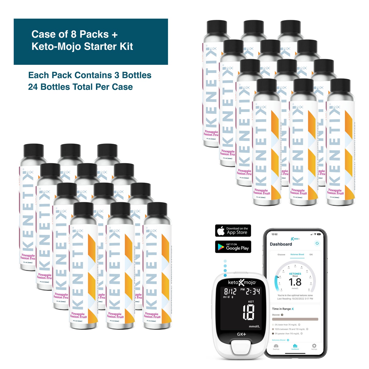 The KenetikPro Ketone Case (24 bottles) and KetoMojo Blood Glucose & Ketone Meter Starter Kit are shown together, featuring pro-strength ketones, meter, test strips, and smartphone apps for optimal cellular health.
